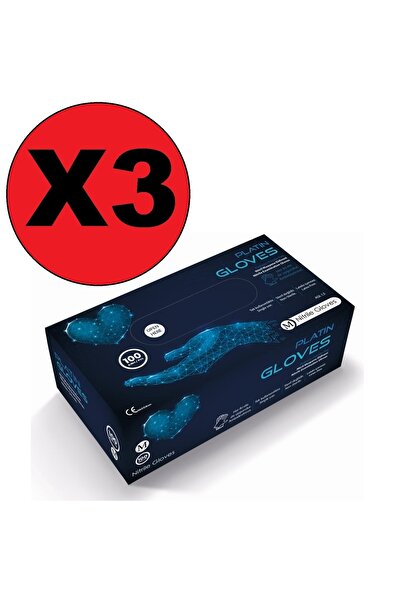 Platin Gloves Medium (m) Beden Nitril Pudrasız Mavi Eldiven 100'lü Paket 3 Adet