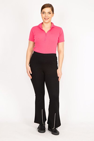Şans Women's Black Plus Size Leg Zipper Detailed Gathering Leggings Pants 65n36040