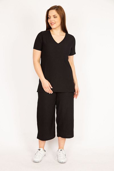 Şans Women's Black Large Size Wrap Fabric V-Neck Blouse Elastic Waist Capri Suit 65n36030