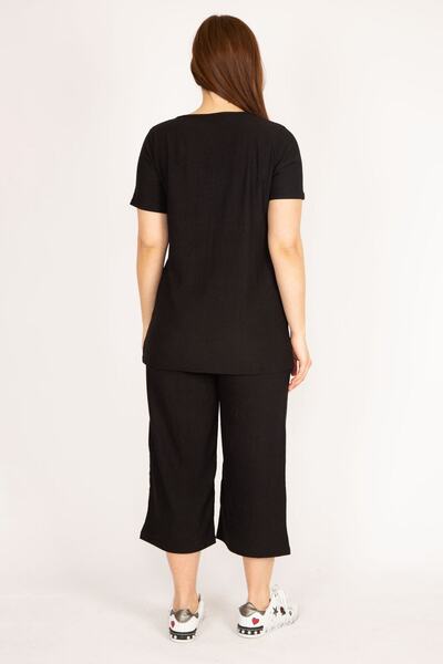 Şans Women's Black Large Size Wrap Fabric V-Neck Blouse Elastic Waist Capri Suit 65n36030