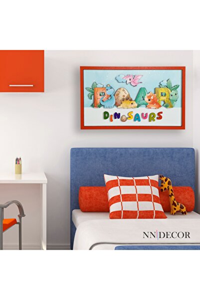 NN DECOR Dinozorlar | 3 Boyutlu, Çerçeveli, Ahşap, Çocuk Odası Tablo Tablo | Baskı & El Boyaması