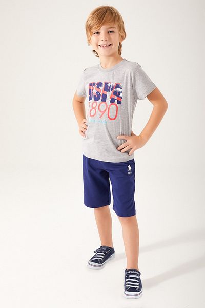 U.S. Polo Assn. Costum Bermuda pentru băiat, detaliu frunze de palmier, gri Melange
