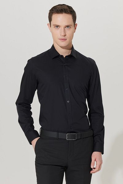 ALTINYILDIZ CLASSICS Ανδρικό μαύρο μη σιδερένιο πουκάμισο Slim Fit Slim Fit 100% βαμβακερό