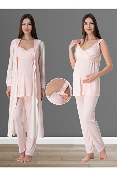 by İGP Pudra Pembe Hamile Lohusa Çizgili Sabahlıklı Pijama Takımı 9034