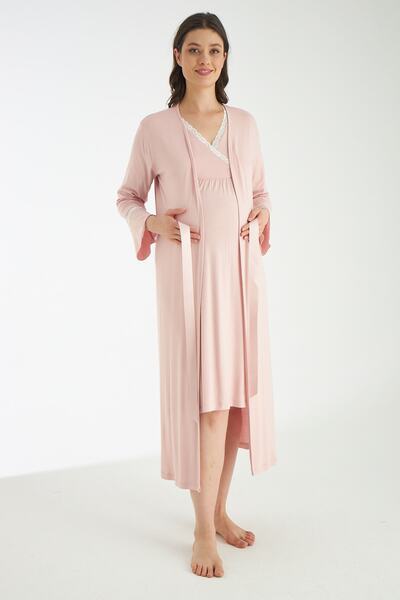 Miss Dünya Lissa Pudra Dantel Detaylı Hamile Ve Lohusa Gecelik Takımı