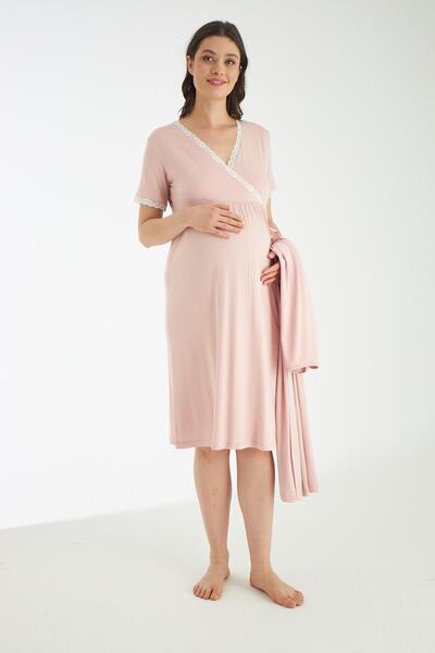 Miss Dünya Lissa Pudra Dantel Detaylı Hamile Ve Lohusa Gecelik Takımı