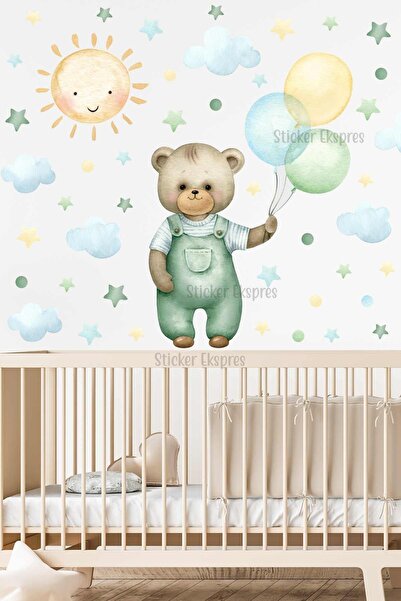 Sticker Ekspres Balon Tutan Yeşil Tulumlu Ayıcık Çocuk Odası Duvar Sticker Seti