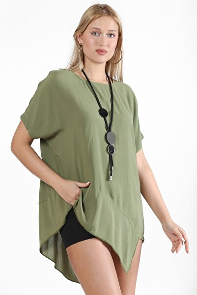 Chiccy Khaki Round Neck Bat Sleeve Asymmetrical Knitted T-shirt