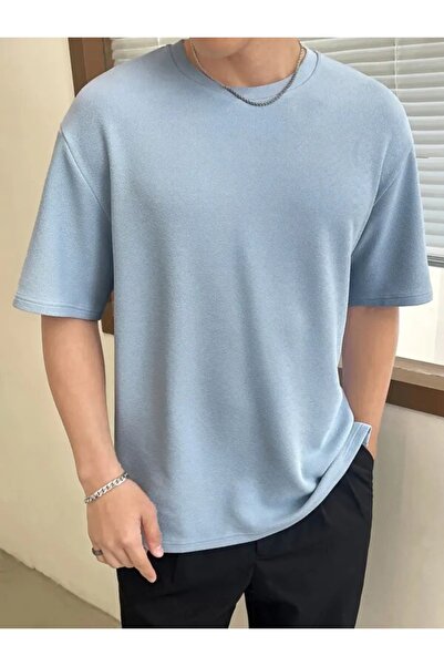 trendgar Duz Mavi Erkek Oversize T-shirt