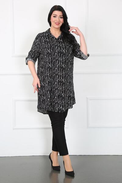 By Alba Collection Women's Black Cotton Viscose Column Pattern Large Size Tunic
