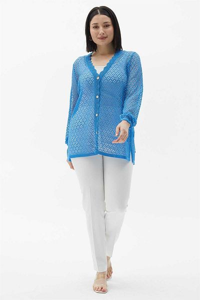 Two Mail Cardigan cu mâneci și dantelă albastru