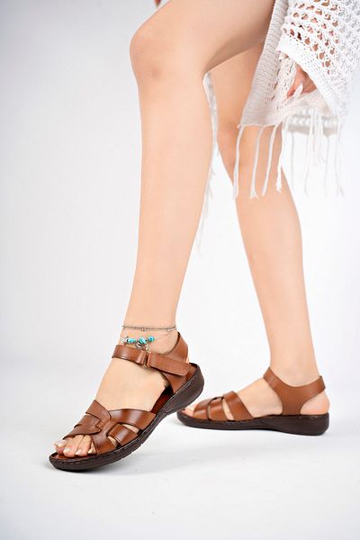 Deripabuc Genuine Leather Tan Women's Leather Sandals Dc-0221