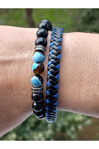 REGGENTE Mavi Akik Ve Oniks Doğal Taş Siyah Deri Bileklik Seti