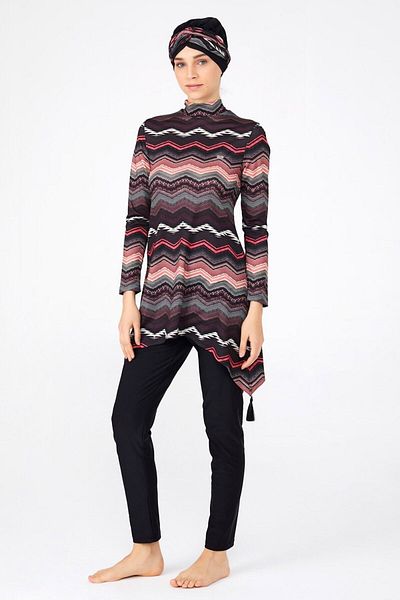 Adasea Stripe Patterned Black Hijab Swimsuit