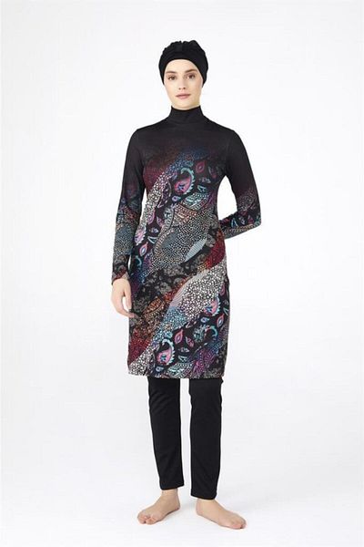 TESMAY 0483 Μαύρο ψηφιακό μοτίβο Lycra Hijab μαγιό