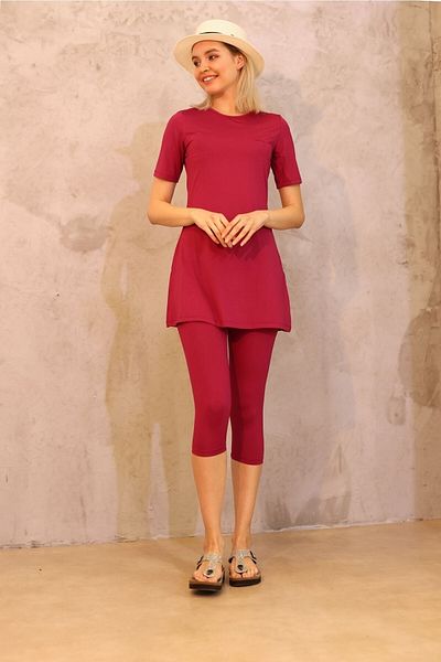 TESMAY Large Size Semi Covered Hijab Swimsuit Plum Color Short Sleeve Semi Covered with Tights