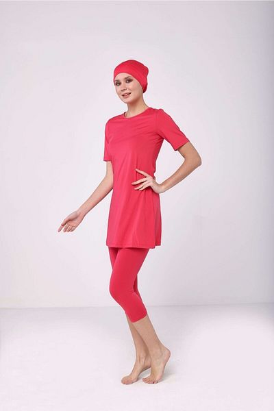 TESMAY Large Size Semi Covered Hijab Swimsuit Coral Color Short Sleeve Semi Covered with Tights