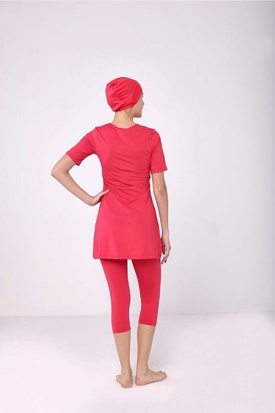 TESMAY Large Size Semi Covered Hijab Swimsuit Coral Color Short Sleeve Semi Covered with Tights