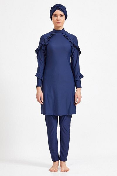 Adasea Σχεδιασμός Lycra Full Covered Light Navy Blue Hijab Μαγιό Ruffle 4104