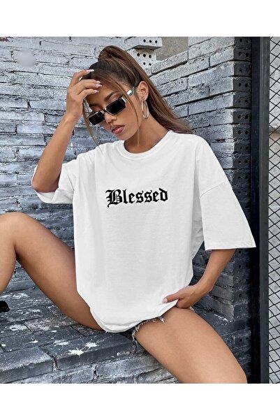 BYMEER Tricou oversize, unisex, alb, imprimat cu decolteu rotund din bumbac