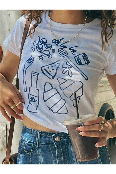 Gofeel Fairycore Grunge Patterned White Color Harajuku Women's Crop Blouse T-Shirt