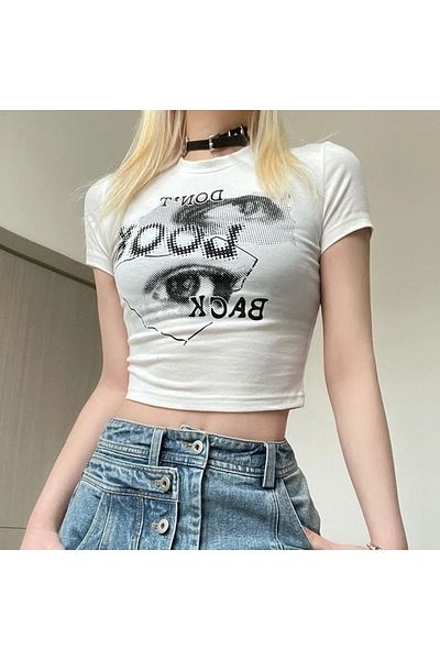 Gofeel Don'T Back Print White Color Harajuku Women's Crop Blouse T-Shirt