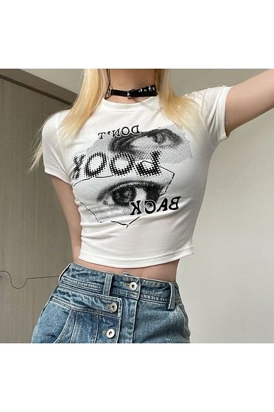 Gofeel Don'T Back Print White Color Harajuku Women's Crop Blouse T-Shirt