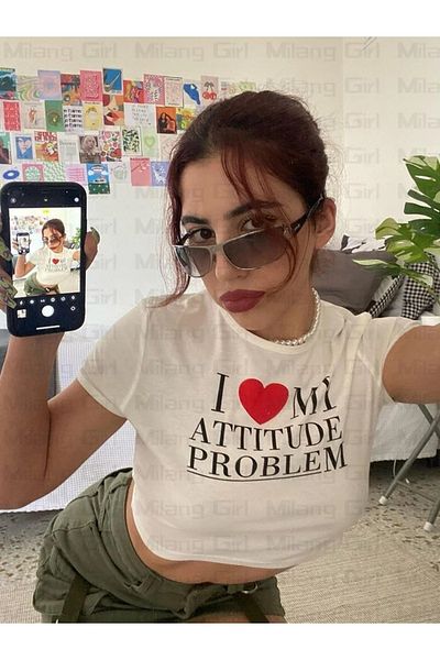 Gofeel Love My Attitude Problem Patterned White Color Harajuku Women's Crop Blouse T-Shirt