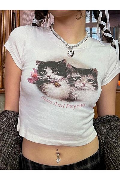 Gofeel Cute Kitten Ribbed Patterned White Color Harajuku Women's Crop Blouse T-Shirt