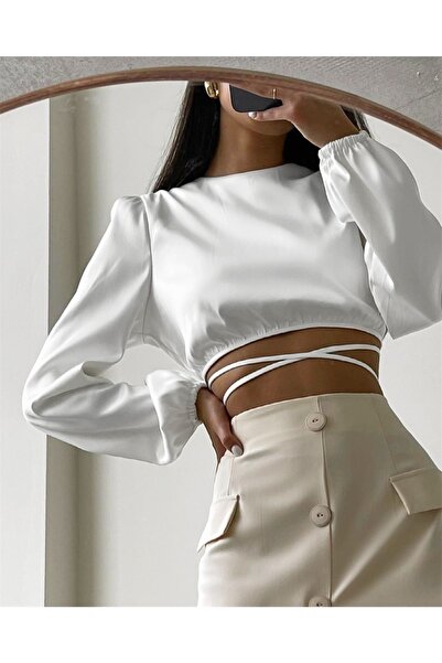 angel stayl Arkadan Bağlamalı Saten Beyaz Gömlek
