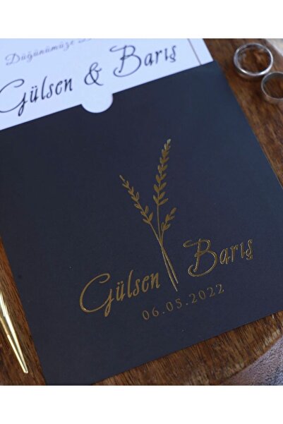 Luna Davetiye Siyah Zarflı Altın Yaldızlı Düğün, Nikah, Nişan Davetiyesi (50 ADET)