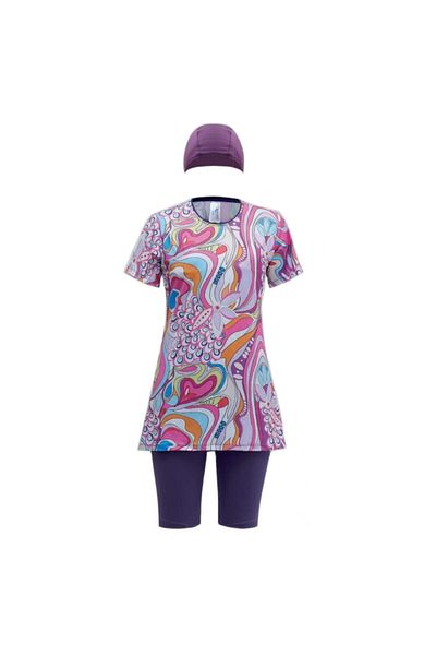 GC GÖKHAN CLUB Children's Patterned Half Sleeve Flexible and Quick-Drying Fabric Semi-Hijab Swimsuit