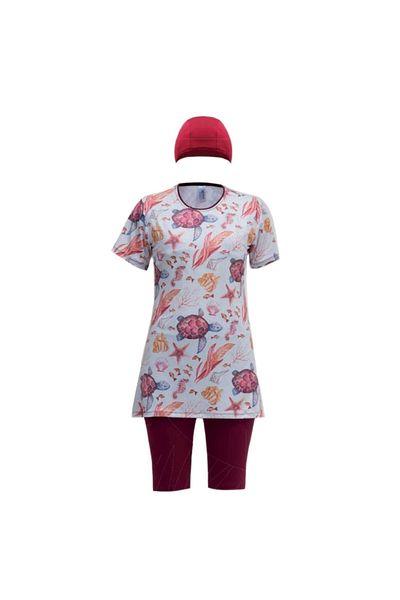 GC GÖKHAN CLUB Children's Patterned Half Sleeve Flexible and Quick-Drying Fabric Semi-Hijab Swimsuit
