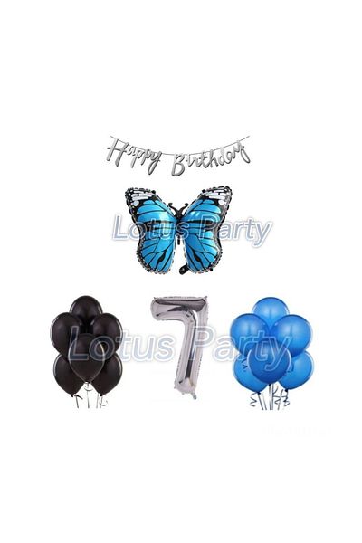 LOTUS PARTY 7 Years Old Butterfly Themed Balloon Party Set - Blue Color Butterfly Foil Balloon Black And Navy Blue Balloon