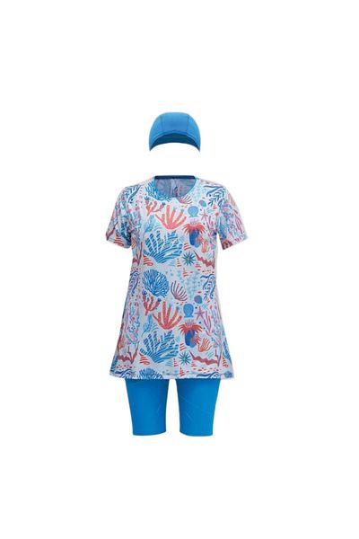 GC GÖKHAN CLUB Children's Patterned Half Sleeve Flexible and Quick-Drying Fabric Semi-Hijab Swimsuit