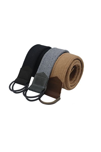 Anatolia Unisex 3-Piece Leather Detailed Black Gray Tan Double D Buckle Woven Tactical Sport Canvas Cloth Belt