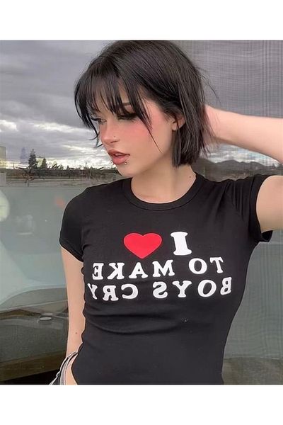 Touz I Love To Make Boys Cry Printed Black Crop