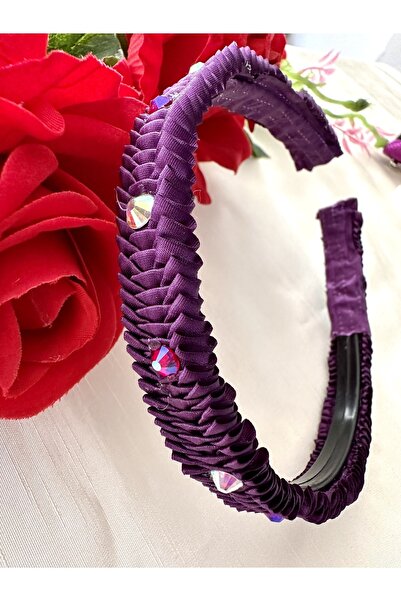 alsaccessories تاج شعر من قماش الساتان باللون الأرجواني مع أحجار كريستال متشا...
