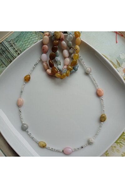 Mudita Tasarım Sarı Opal , Pembe Opal , Aquamarin Taşı Detaylı Aytaşı Tasarım Kolye