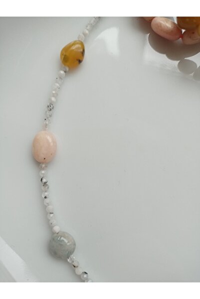 Mudita Tasarım Sarı Opal , Pembe Opal , Aquamarin Taşı Detaylı Aytaşı Tasarım Kolye