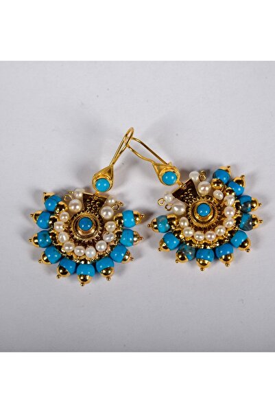 Çelikoğlu Kuyumculuk 14 Ayar Altın Sivrihisar Firuze Taşlı Incili Küpe 9,33 Gr