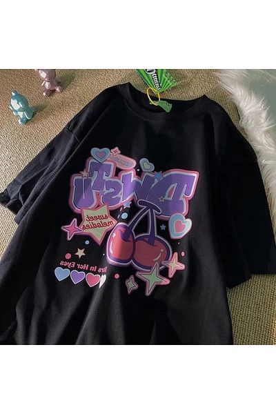 Gofeel Dwstu Cartoon Cherry Printed Unisex Oversize Printed T-shirt