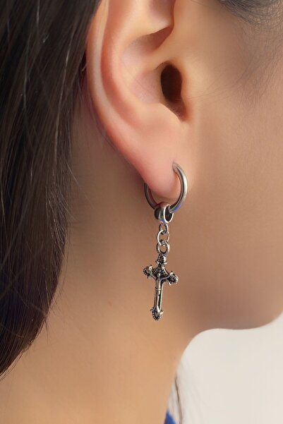 axexuar 316l Halka Çelik Küpe Otantik Haç Model Delikli Kulaklara Gümüş Gri Kadın Erkek Küpesi