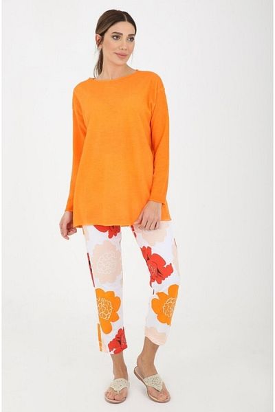 MODASTRO Women's White Orange Floral Cotton Trousers