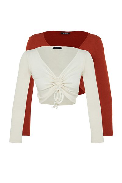 Trendyol Collection Cinnamon-Ecru 2-balení vypasovaného sbíraného výstřihu s výstřihem do V žebrovaná pletená halenka TWOAW22BZ0138