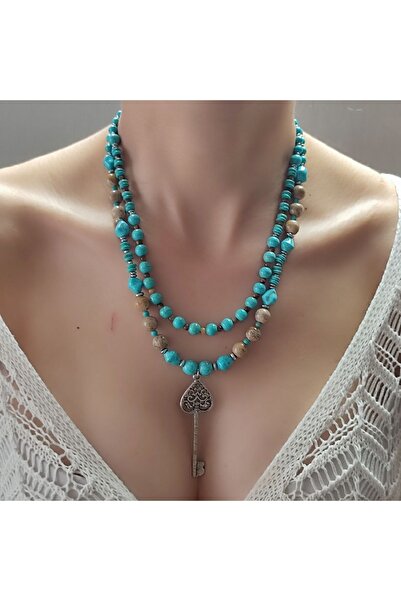 elinasaccessories قلادة أصلية مصنوعة يدويًا قلادة مفتاح من العقيق الفيروزي وقلادة من حجر عين النمر قلادة من الأحجار الكريمة الطبيعية