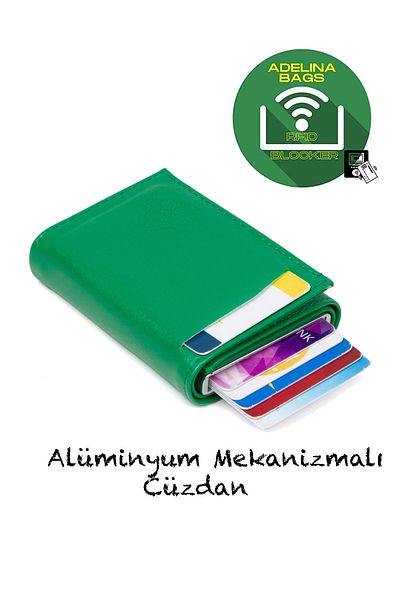 Newish Adelina Green Nova Leather Mechanism Automatic Slide Card Holder Wallet