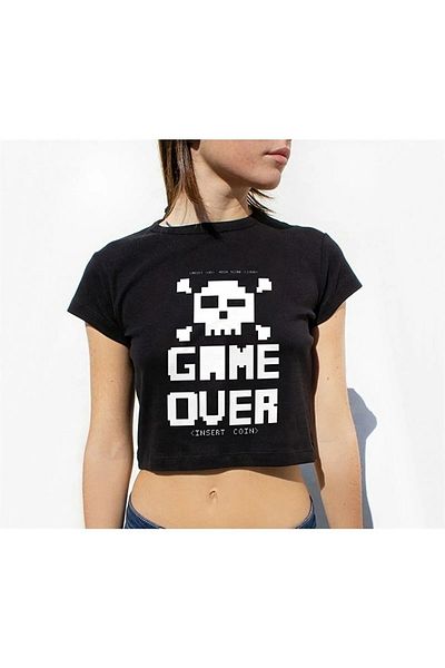 Gofeel Game Over Patterned Black Color Harajuku Women's Crop Blouse T-Shirt