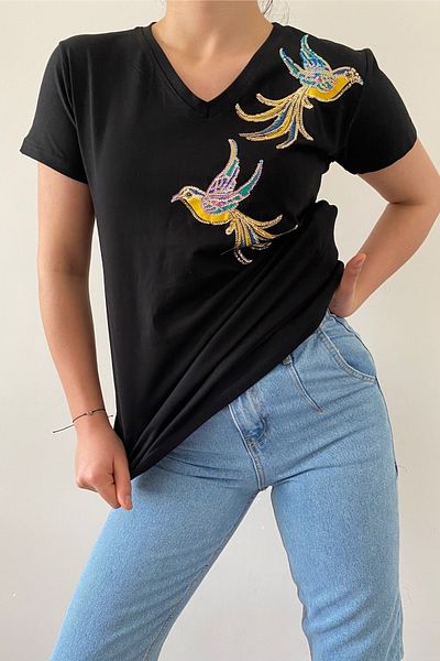 FEMELLE Tricou negru pentru femei, cu decolteu în V, cu model de păsări, brodat cu paiete, 100% bumbac