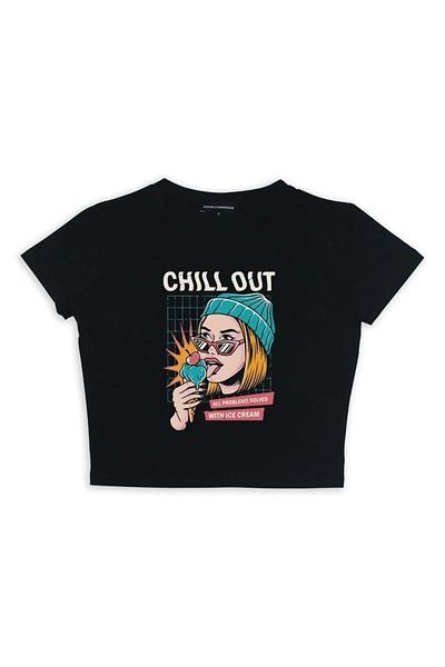 Gofeel Chill Out Patterned Black Color Harajuku Women's Crop Blouse T-Shirt
